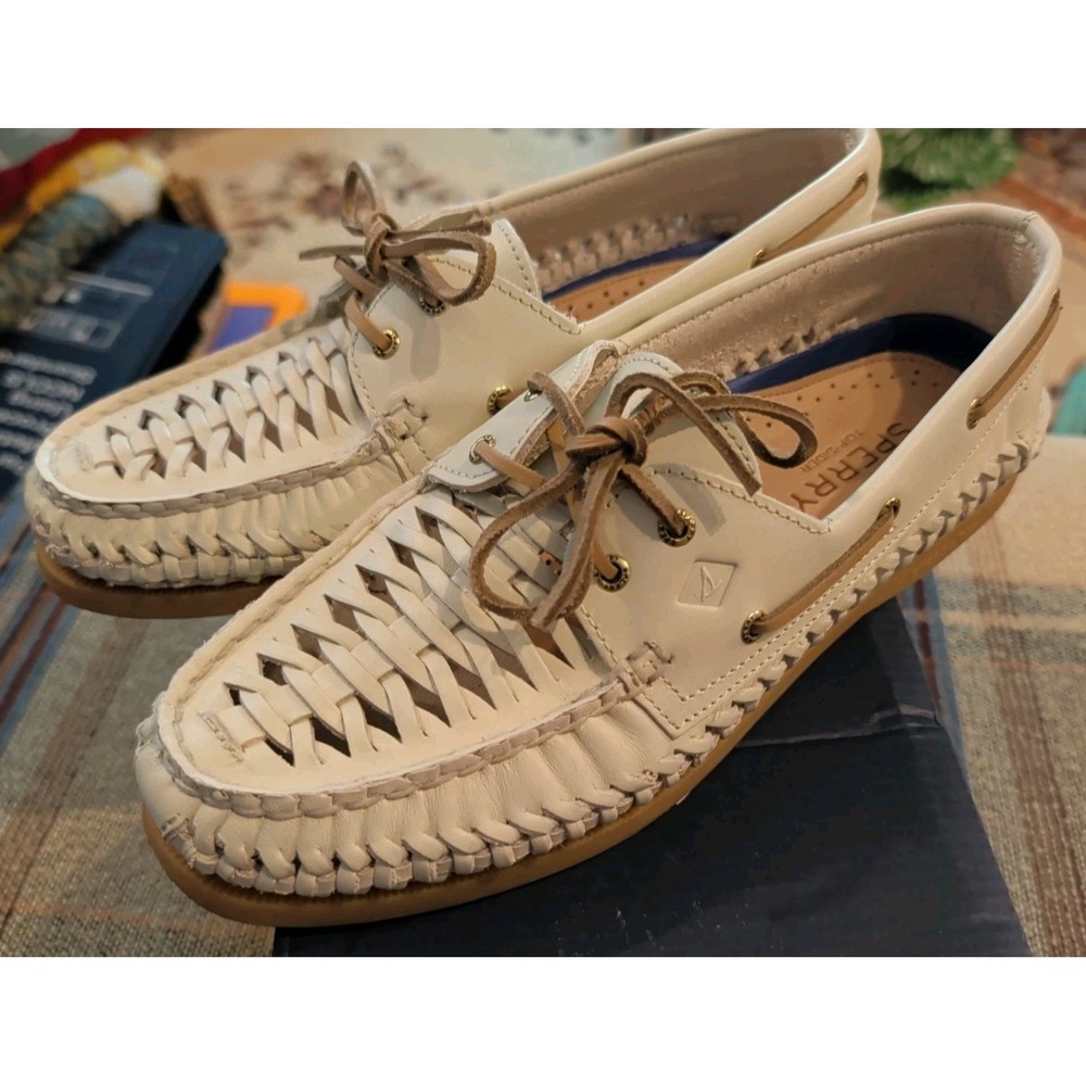 Sperry 2 Eye Woven Boat Shoes Womens 9.5 Preppy Cream Leather Flats AO2EYEW OVEN
